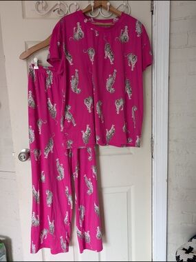 Joyspun Pink Tiger Print Pajama Set - Short Sleeve Top & Pants Large 12/14